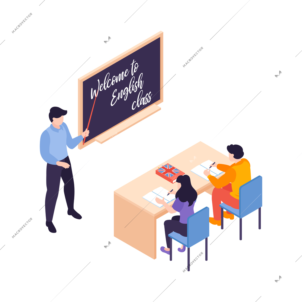 Isometric language center courses composition with character of teacher at blackboard with pupils at desk vector illustration