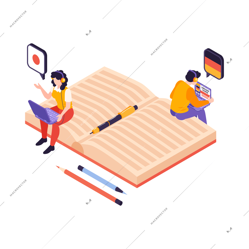 Isometric language center courses composition with notebook icon and people with laptops learning foreign languages vector illustration