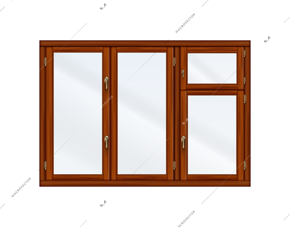 Windows realistic composition with isolated image of window with three sections and wooden frame vector illustration