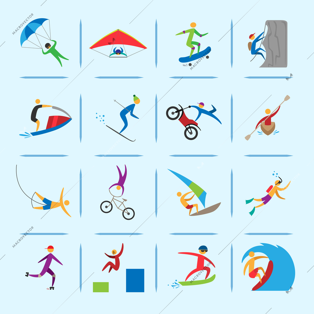 Extreme sports icons of diving climbing sailing people isolated vector illustration