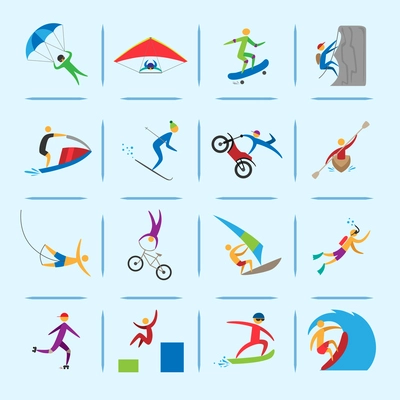 Extreme sports icons of diving climbing sailing people isolated vector illustration