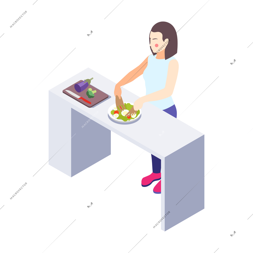 Woman on diet isometric composition with female character at kitchen table preparing meals vector illustration