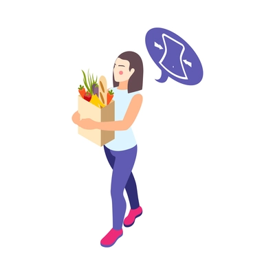 Woman on diet isometric composition with female character carrying bag of light food vector illustration