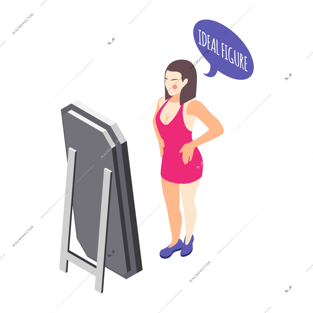 Woman on diet isometric composition with female character looking in mirror thinking of ideal figure vector illustration