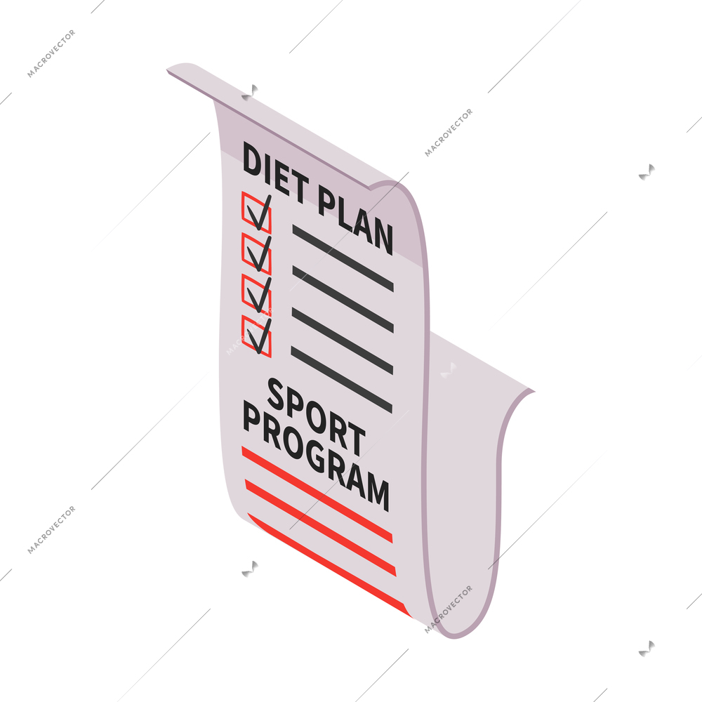 Isometric dietician nutritionist composition with paper sheet with diet plan checklist and sport program vector illustration