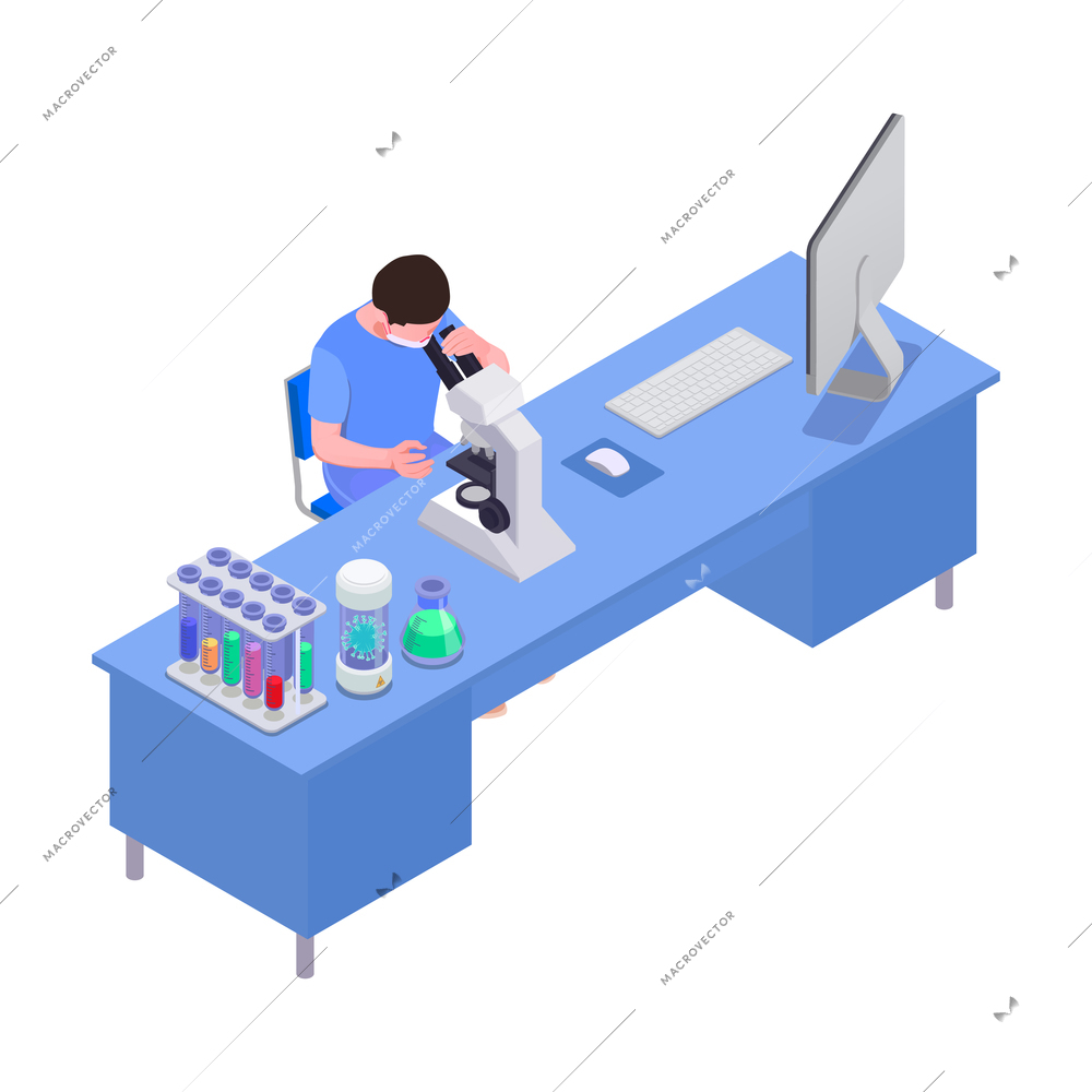 Vaccination isometric composition with view of lab working place with scientist at table with microscope and test tubes vector illustration