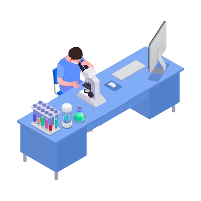 Vaccination isometric composition with view of lab working place with scientist at table with microscope and test tubes vector illustration