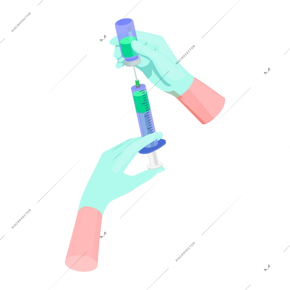 Vaccination isometric composition with human hands in gloves filling syringe with vaccine vector illustration