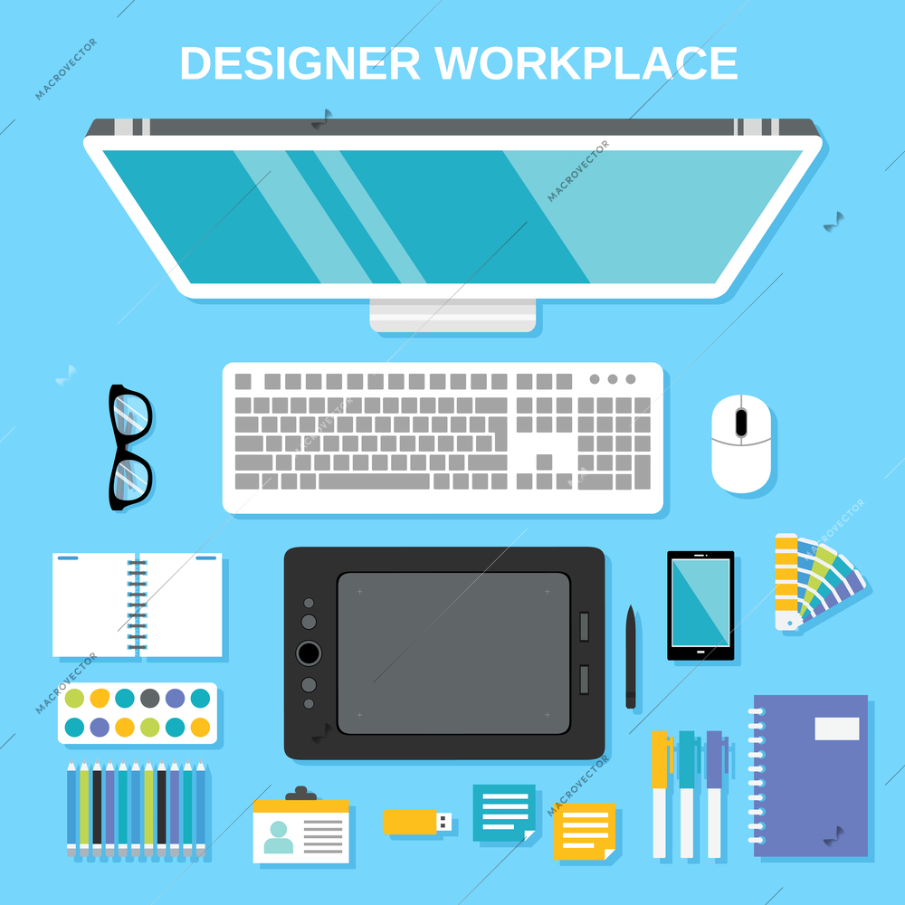 Graphic designer studio tools workplace top view vector illustration