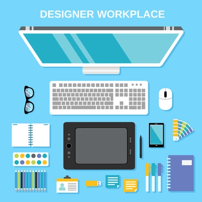 Graphic designer studio tools workplace top view vector illustration