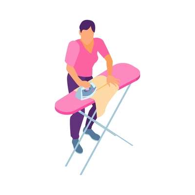 Isometric sewing workshop studio composition with male character with iron and stand vector illustration