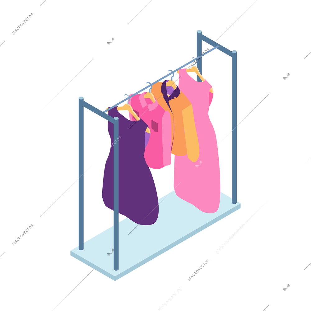 Isometric sewing workshop studio composition with view of colorful female dresses hanging on rail vector illustration