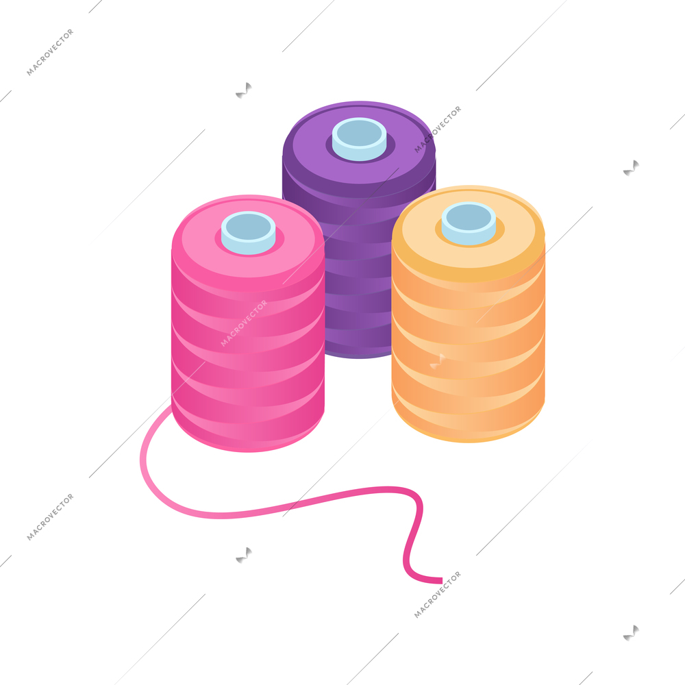 Isometric sewing workshop studio composition with images of three colorful sewing spools vector illustration