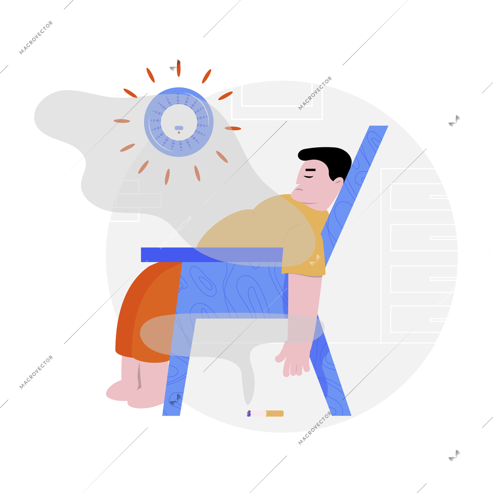 Smoking cigarette flat composition with man sleeping in chair lost cigarette with chiming fire alarm vector illustration