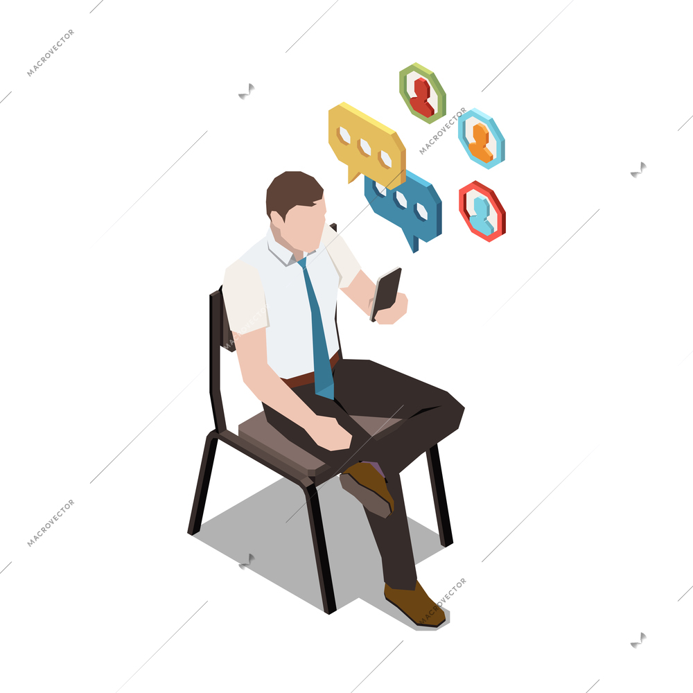 Stress management isometric composition with business worker sitting on chair stuck in social networks vector illustration