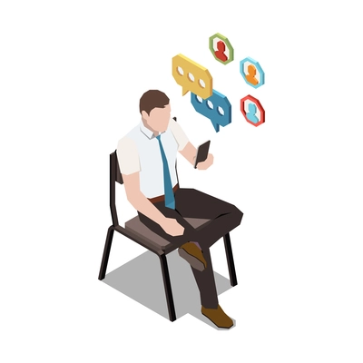 Stress management isometric composition with business worker sitting on chair stuck in social networks vector illustration