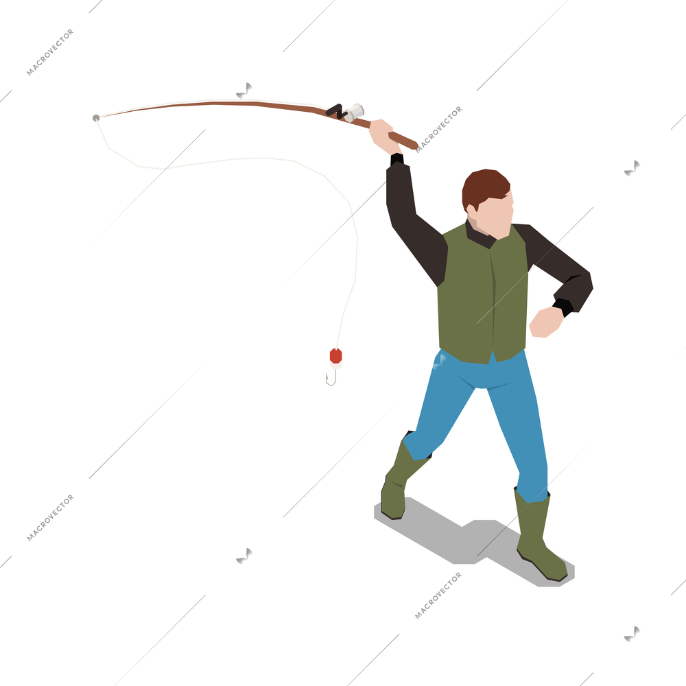 Stress management isometric composition with male human character holding fishing rod vector illustration