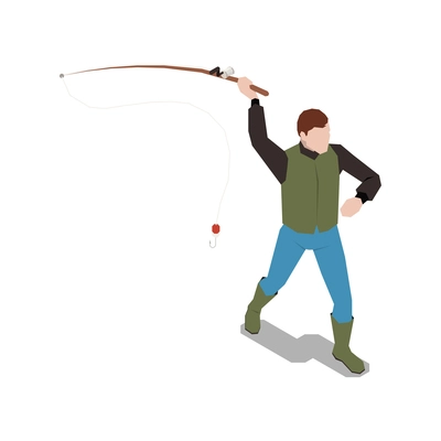 Stress management isometric composition with male human character holding fishing rod vector illustration