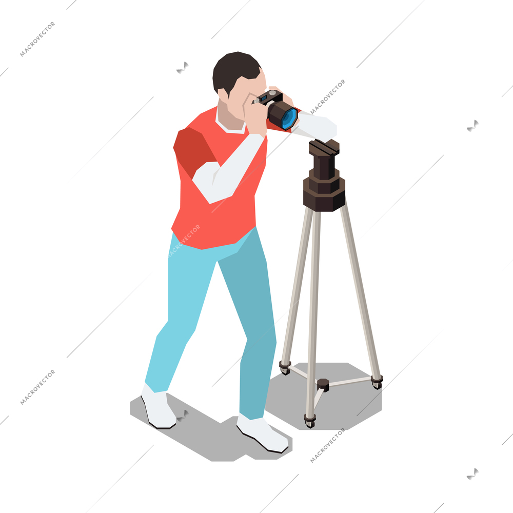 Stress management isometric composition with male character holding photo camera with tripod stand vector illustration