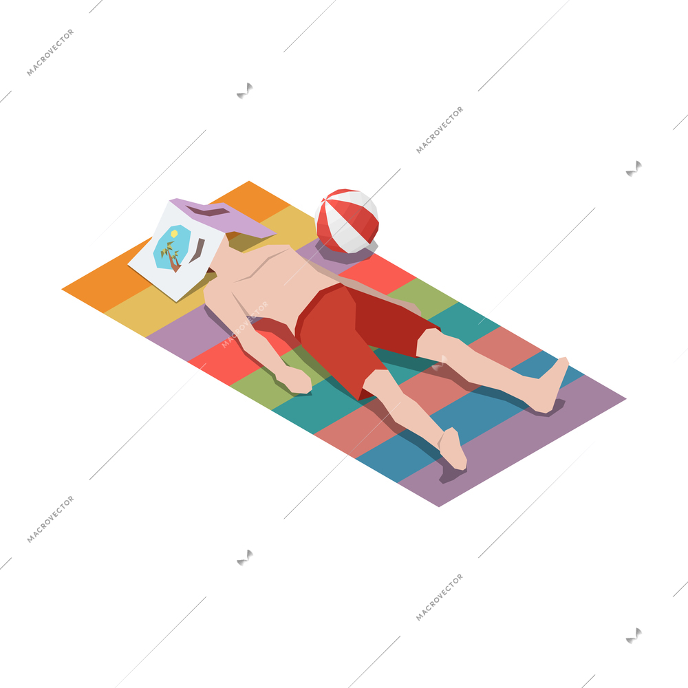 Stress management isometric composition with male character lying on beach with face covered with book vector illustration