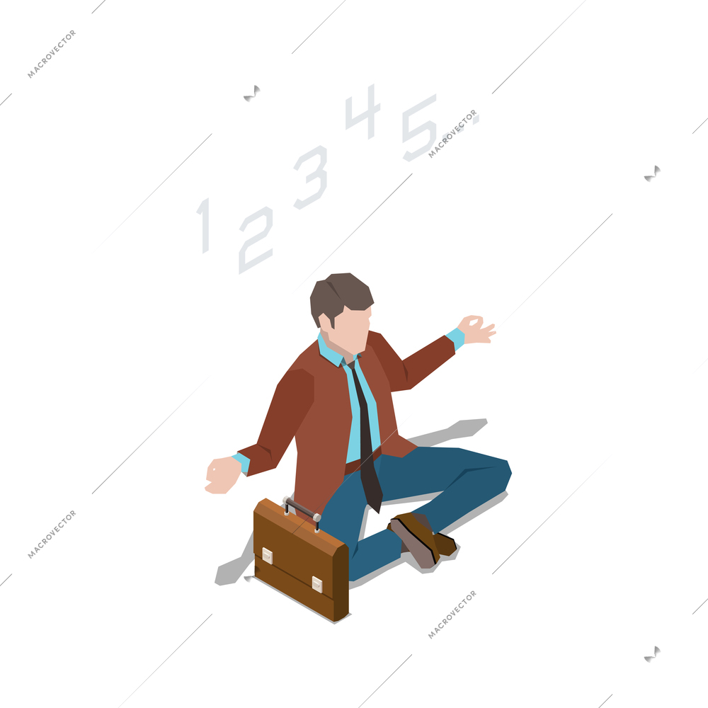 Stress management isometric composition with character of businessman sitting in yoga pose with digits vector illustration