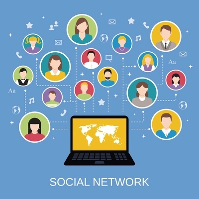 Social media network concept with male and female avatars connected via laptop vector illustration