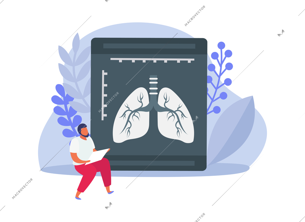 Lung inspection flat icons composition with radiogram shot of lungs with sitting character of medical specialist vector illustration