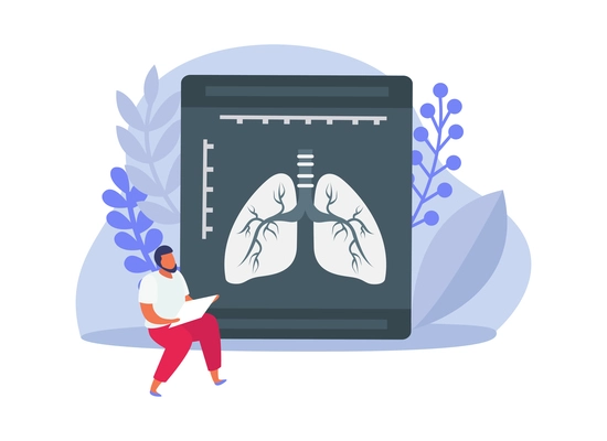 Lung inspection flat icons composition with radiogram shot of lungs with sitting character of medical specialist vector illustration