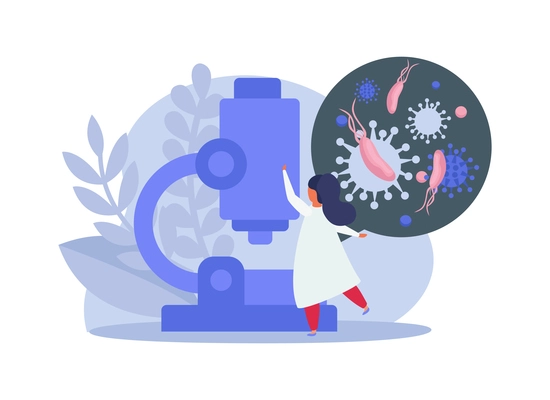 Lung inspection flat icons composition with image of microscope with bacteria and doctor character vector illustration