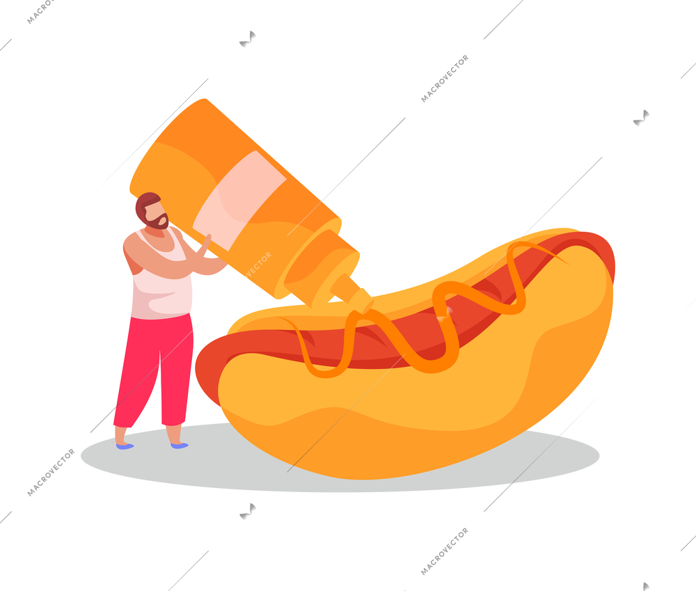 Fastfood flat composition with male character pouring mustard on huge hotdog vector illustration