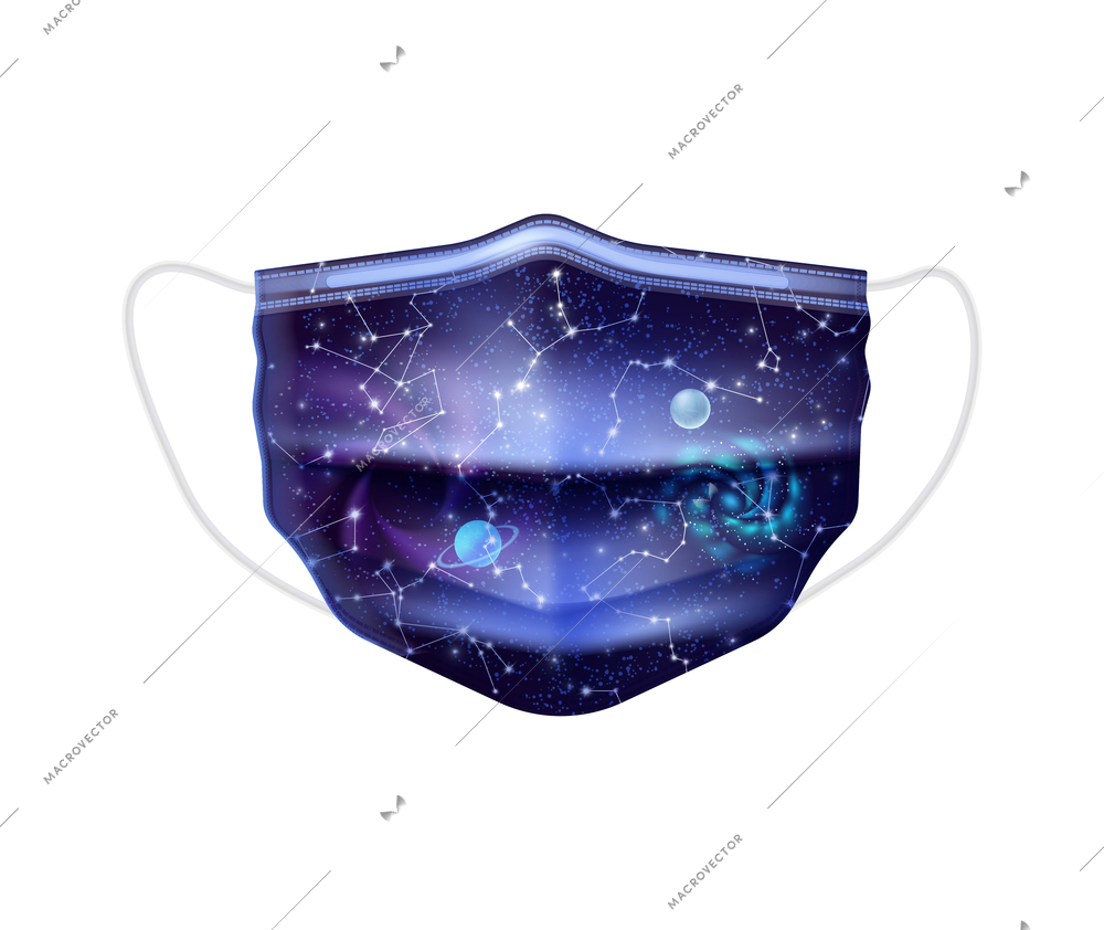 Individual protective medical mask realistic composition with protective mask image with stars constellations artwork vector illustration