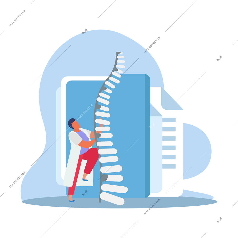 Orthopedics clinic flat composition with character of doctor holding leg bones model vector illustration