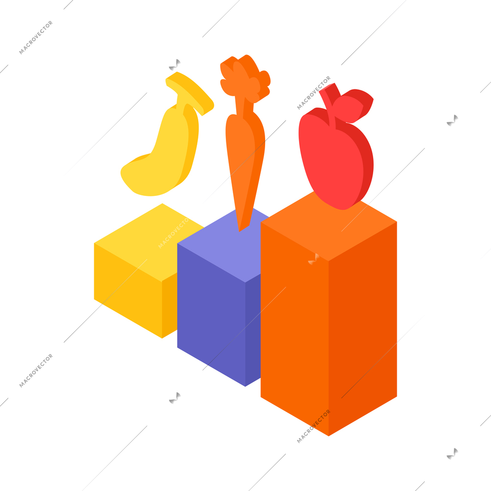 Isometric dietician nutritionist composition with bar chart elements and flat icons of fruits and vegetables vector illustration