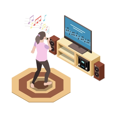 Stay at home isometric composition with character of woman singing karaoke on tv set vector illustration