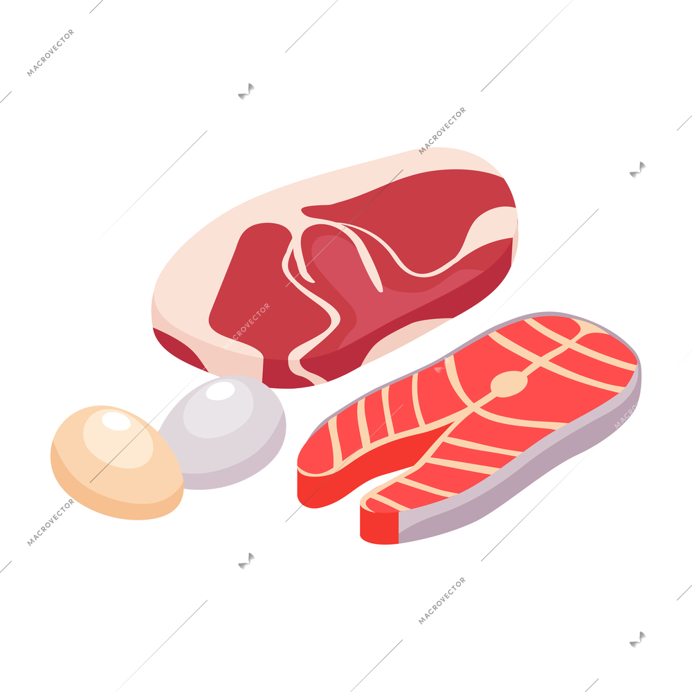 Isometric dietician nutritionist composition with icons of meat fish and eggs vector illustration