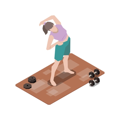 Stay at home isometric composition with female character performing exercises surrounded by barbells vector illustration