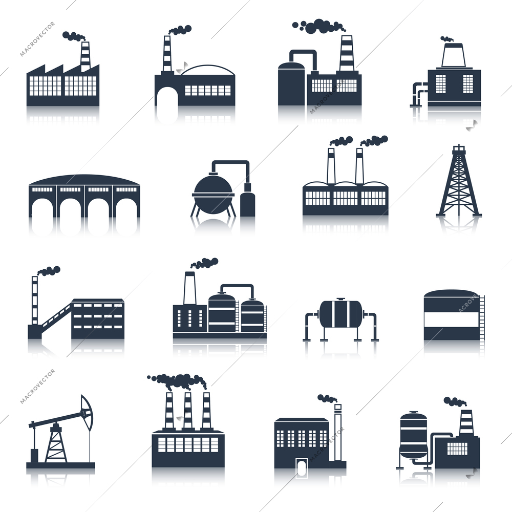 Industrial electricity plants building icons black set with smoking pipes isolated vector illustration