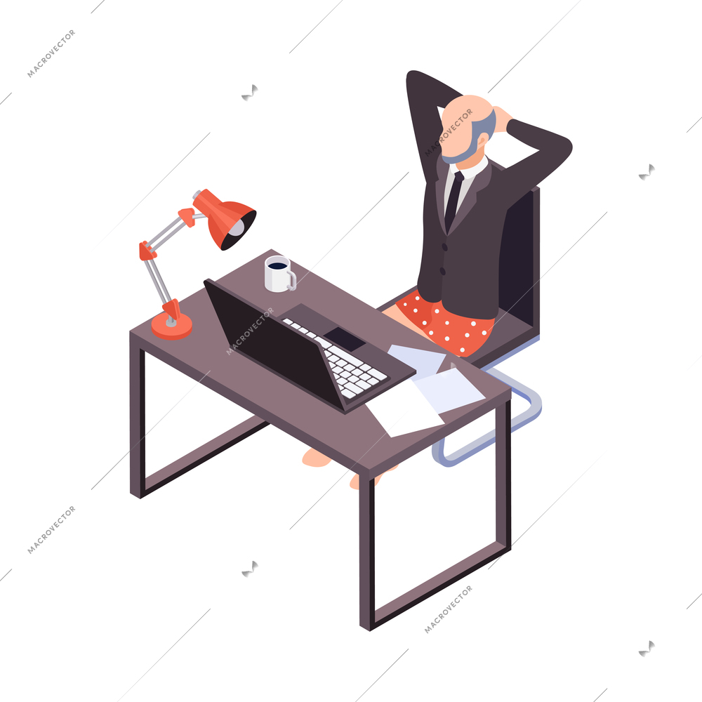 Remote distant work from home isometric composition with man sitting at workplace in smart jacket and underwear vector illustration