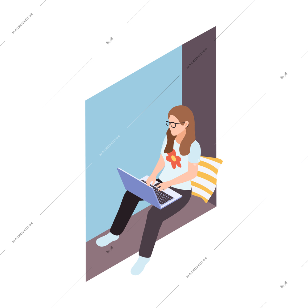 Remote distant work from home isometric composition with female character sitting with laptop on window sill vector illustration