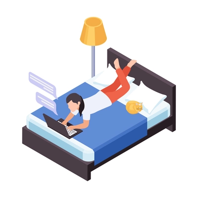 Remote distant work from home isometric composition with girl lying in bed and laptop with messaging bubbles vector illustration