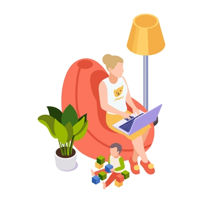 Remote distant work from home isometric composition with lady sitting on soft chair with laptop floor lamp and playing son vector illustration