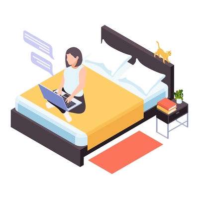 Remote distant work from home isometric composition with girl sitting on bed with laptop and messaging bubbles vector illustration