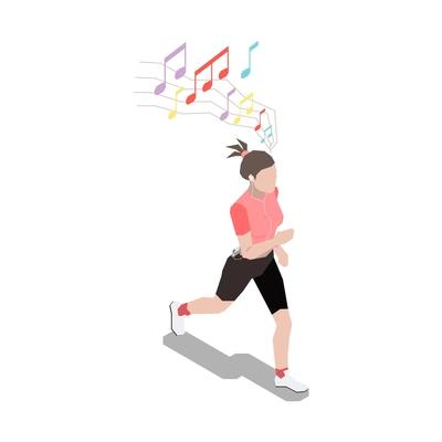 Stress management isometric composition with female character jogging with music notes vector illustration