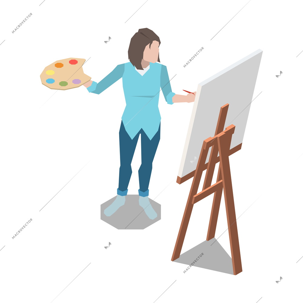 Stress management isometric composition with character of woman drawing picture on easel vector illustration