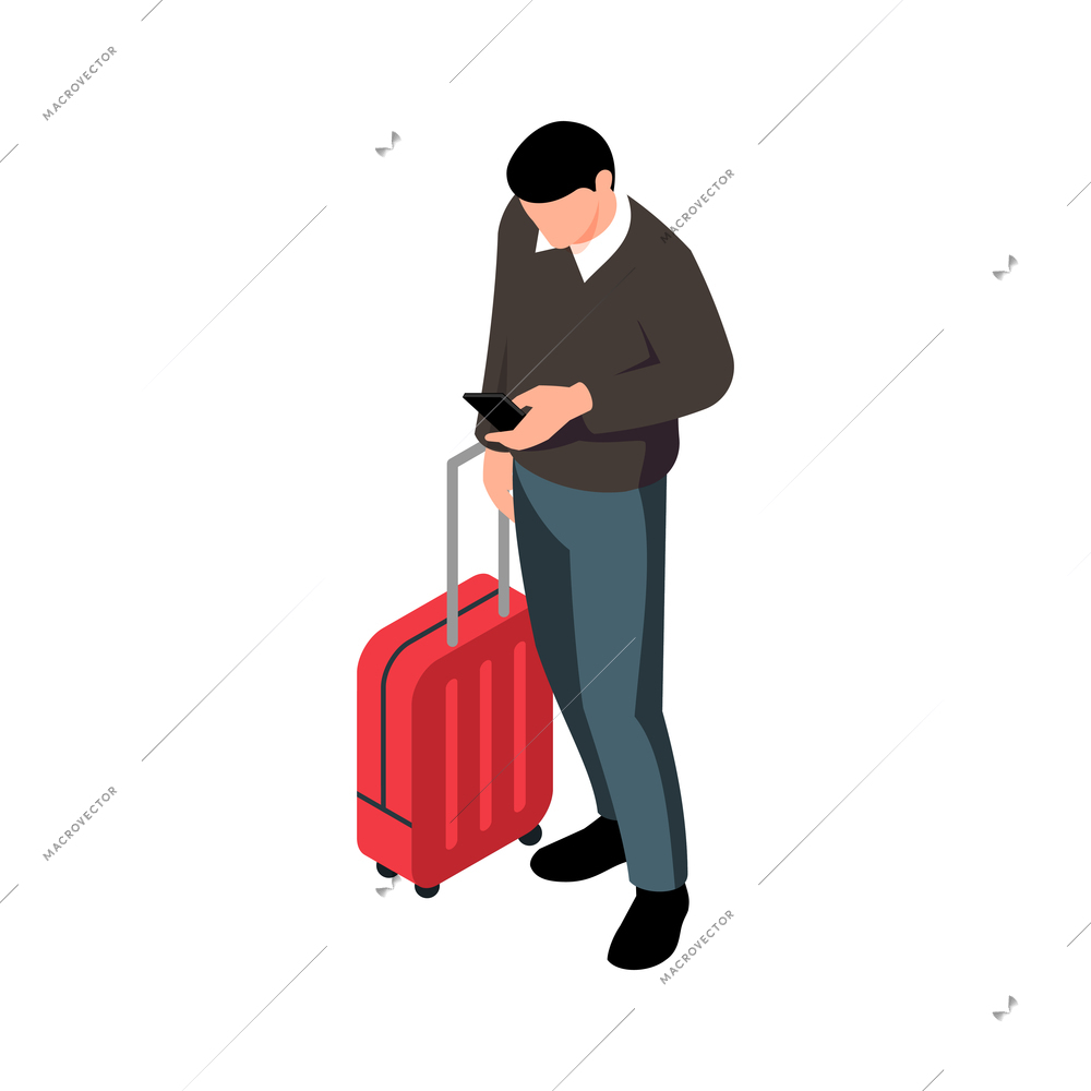 Isometric railway composition with isolated human character of waiting passenger with smartphone and suitcase vector illustration