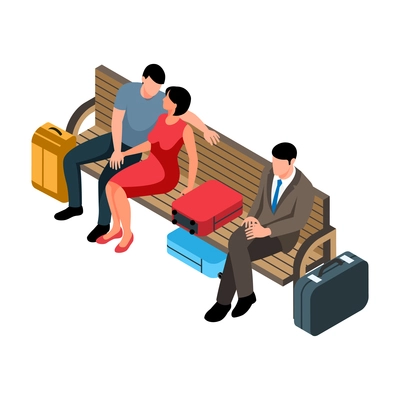 Isometric railway composition with human characters of waiting passengers sitting on bench vector illustration