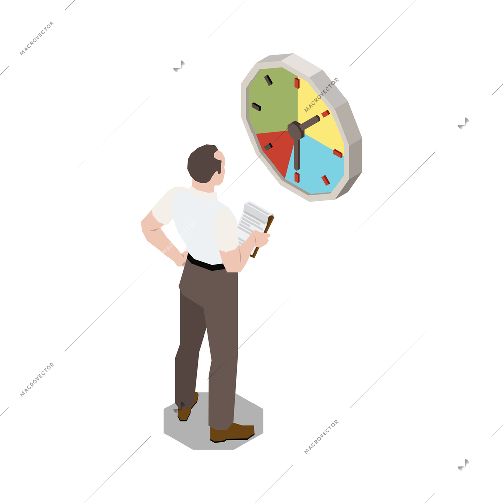 Stress management isometric composition with male human character looking at clock vector illustration