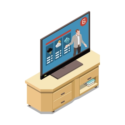 Meteorology weather forecast isometric composition with image of tv set with weather forecast and host vector illustration