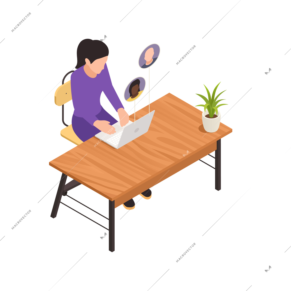 Online virtual team building isometric composition with woman sitting at table with laptop and avatars of colleague workers vector illustration