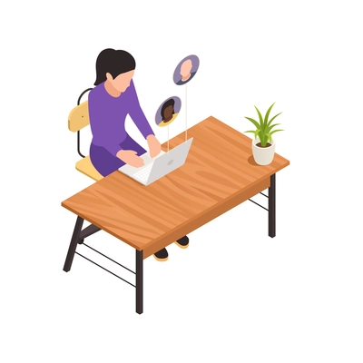 Online virtual team building isometric composition with woman sitting at table with laptop and avatars of colleague workers vector illustration